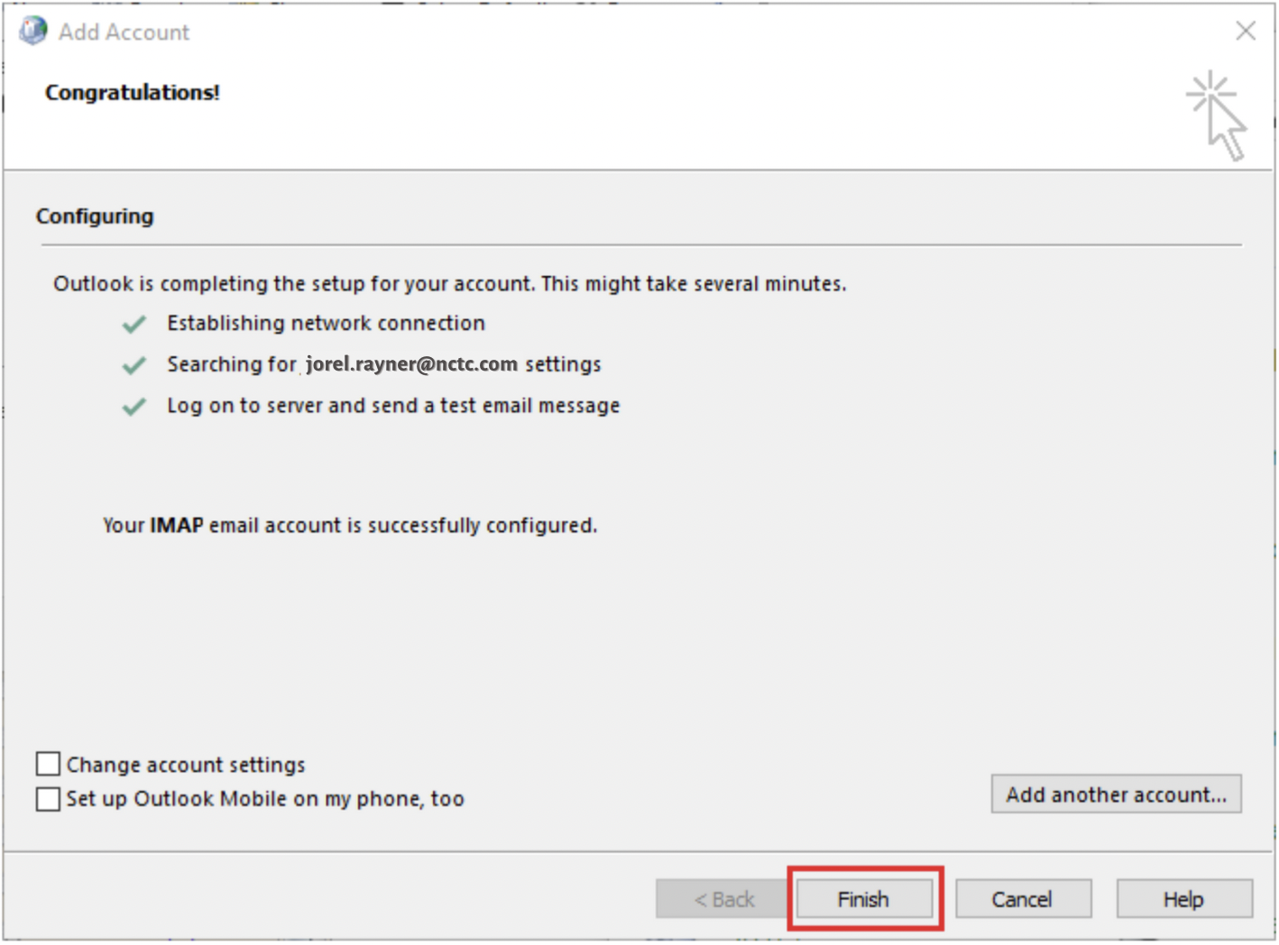 Screenshot of Windows 10 Mail Setup congratulations screen