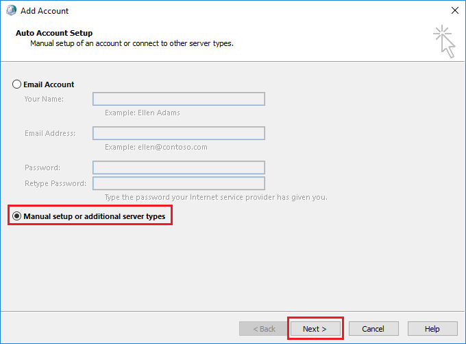 Screenshot of Windows 10 Mail Setup screen with "manual setup" option highlighted