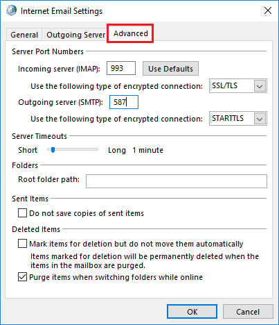 Screenshot of Windows 10 Internet Email Settings "Advanced" tab