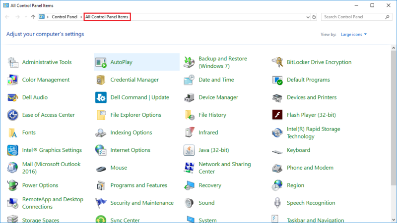 Screenshot of Windows 10 Control Panel
