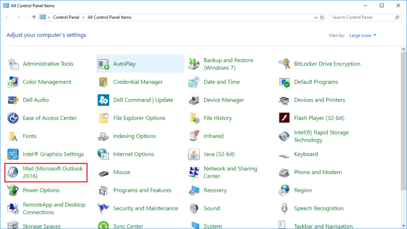 Screenshot of Windows 10 Control Panel highlighting the "Mail (Microsoft Outlook)" icon