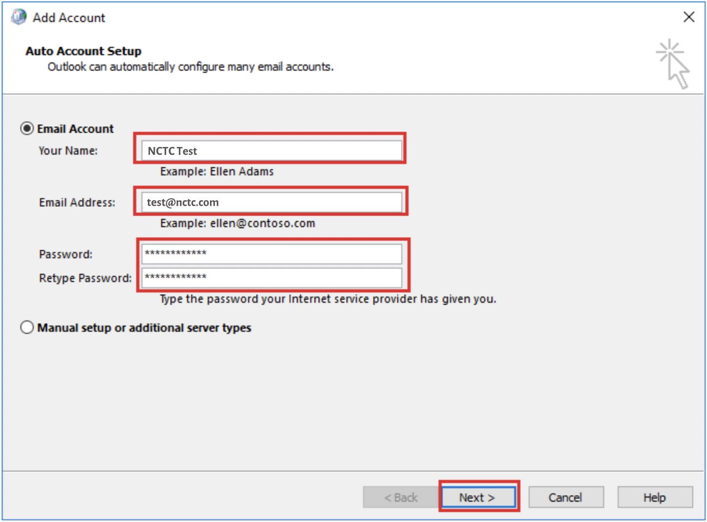 Screenshot of Windows 10 Mail Setup screen