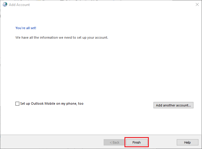 Screenshot of Windows 10 Mail Setup confirmation message