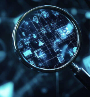 A magnifying glass positioned on a digital background, symbolizing search and analysis in a technological context.
