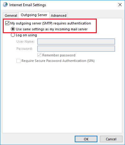 Screenshot of Windows 10 Internet Email Settings "Outgoing Server" tab