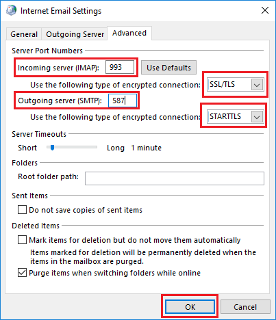 Screenshot of Windows 10 Internet Email Settings "Advanced" tab