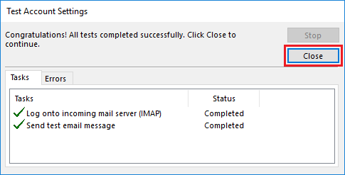 Screenshot of Windows 10 Mail Setup screen Test Account Settings