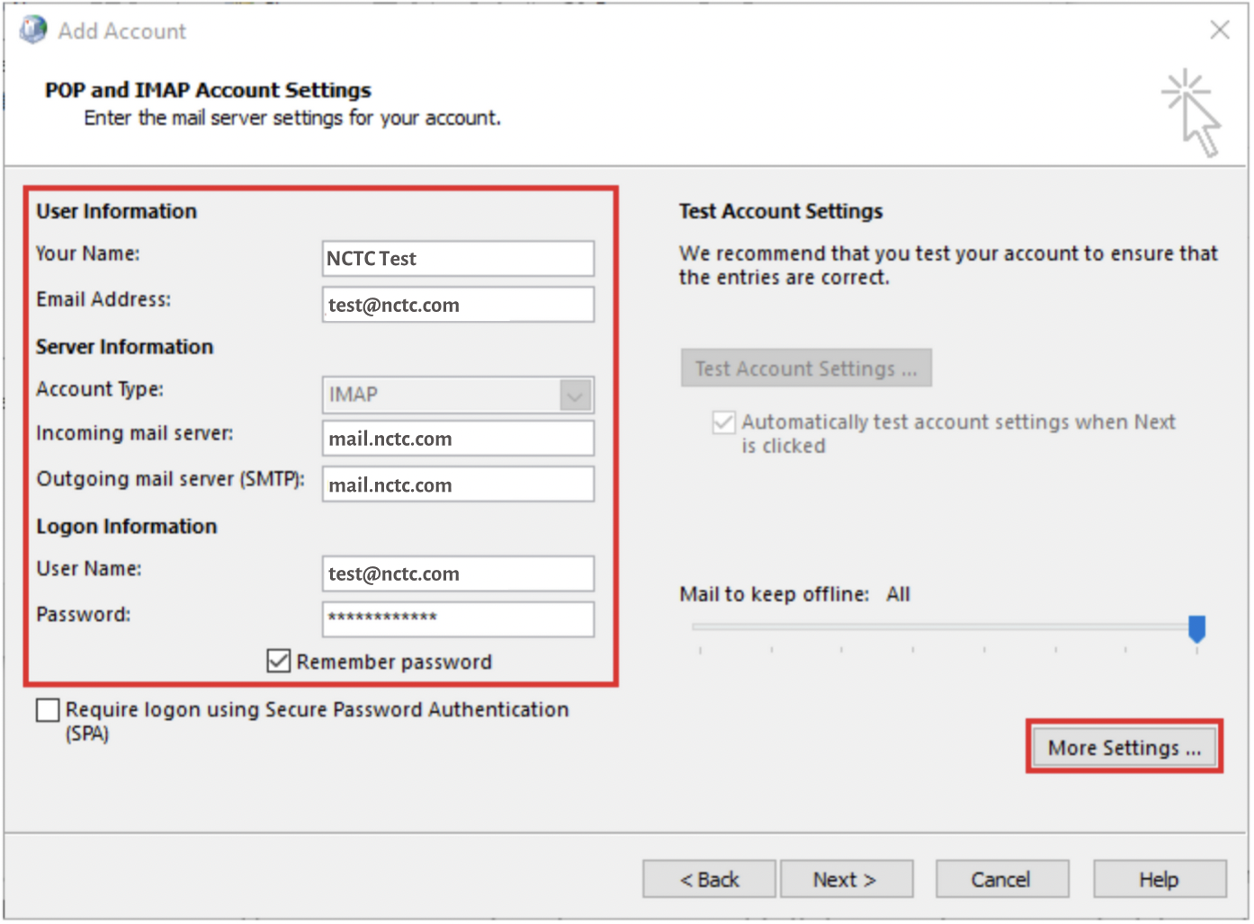 Screenshot of Windows 10 Mail Setup screen POP and IMAP Account settings