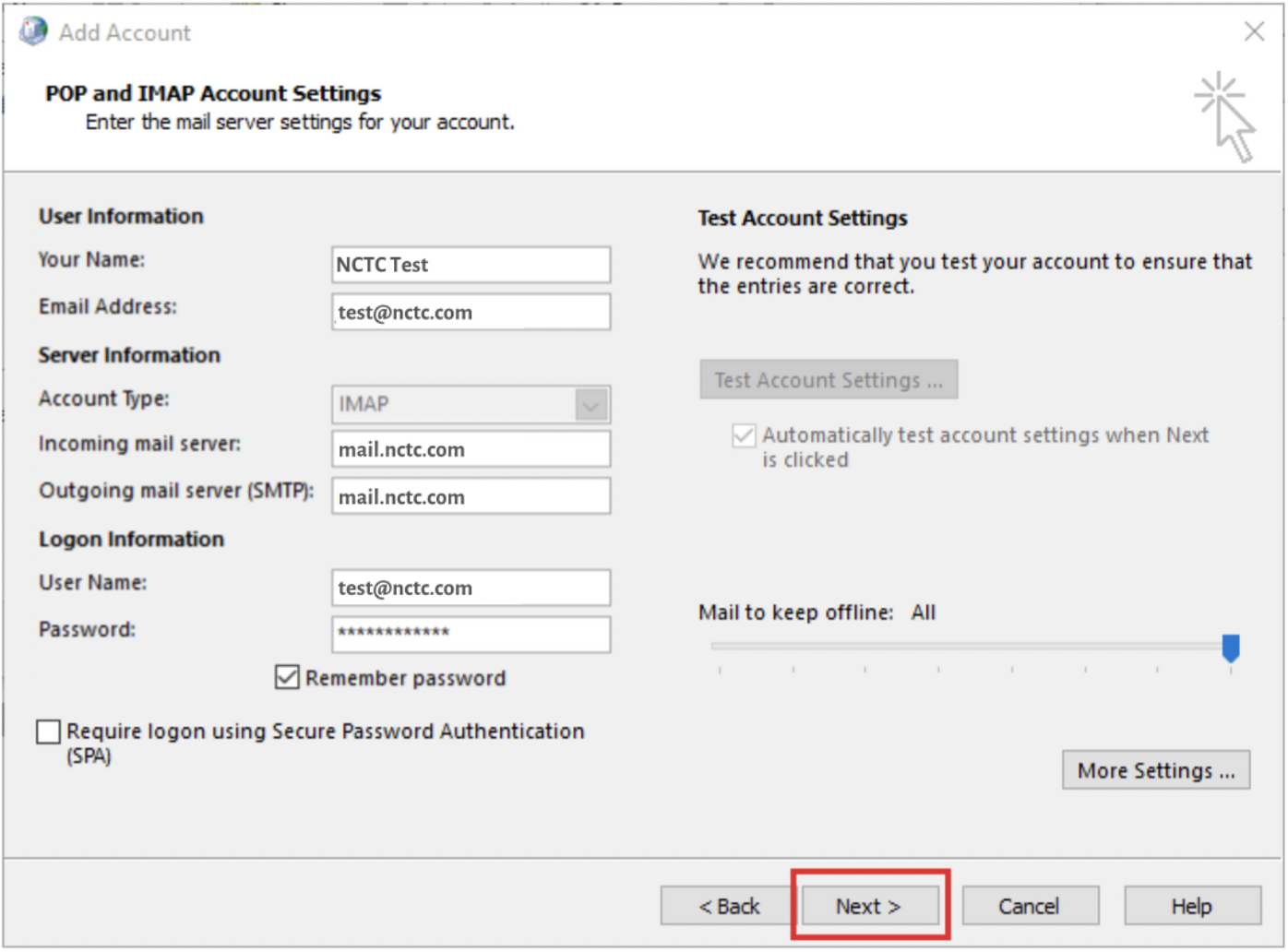 Screenshot of Windows 10 Mail Setup screen POP and IMAP Account settings